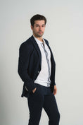 Load image into Gallery viewer, Navy Jersey Knit Stripe Suit
