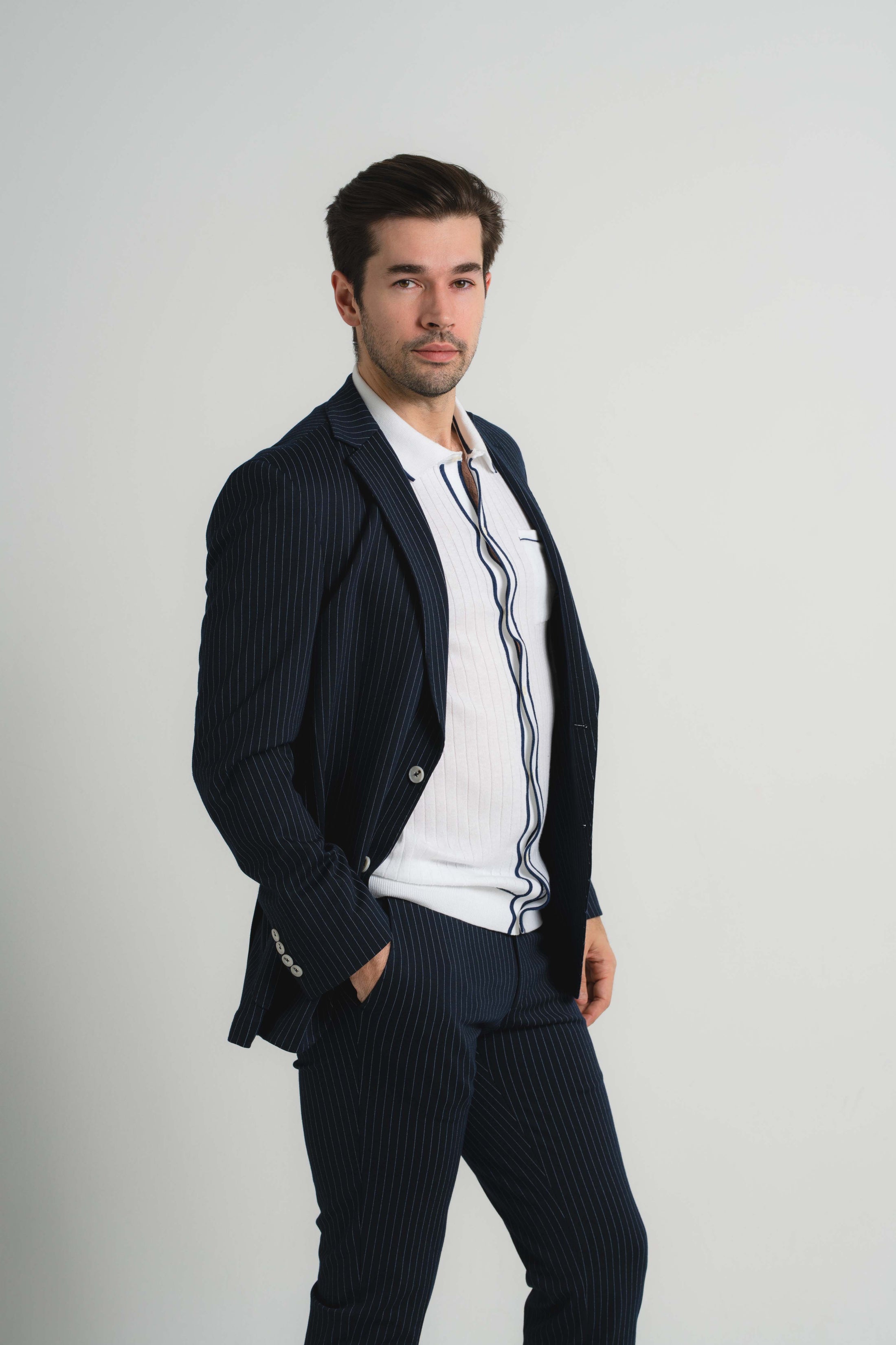 Navy Jersey Knit Stripe Suit
