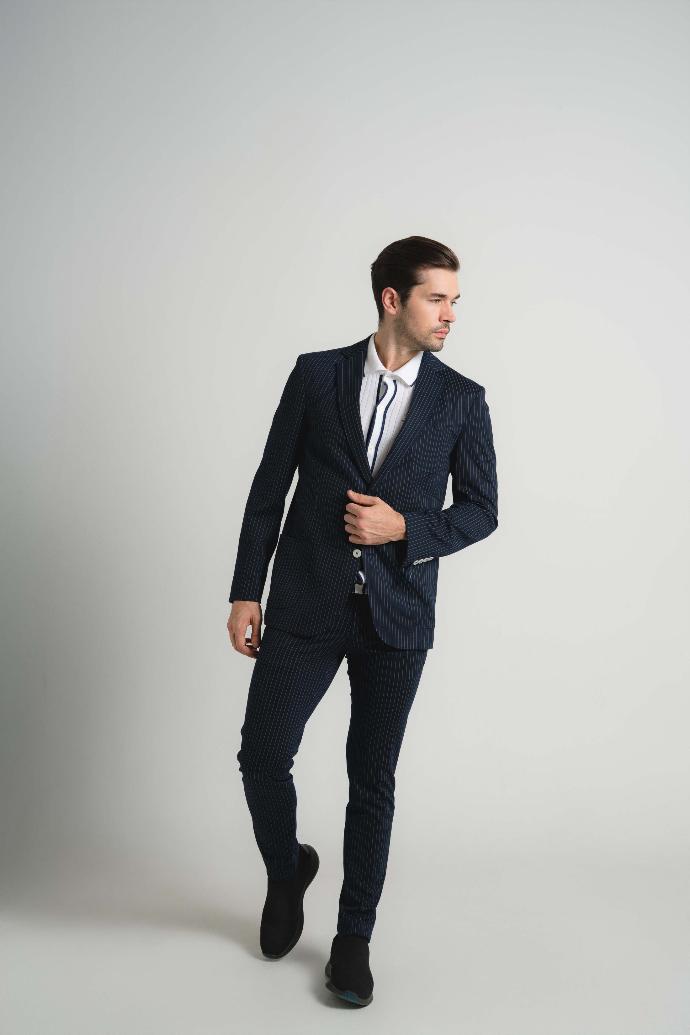 Navy Jersey Knit Stripe Suit