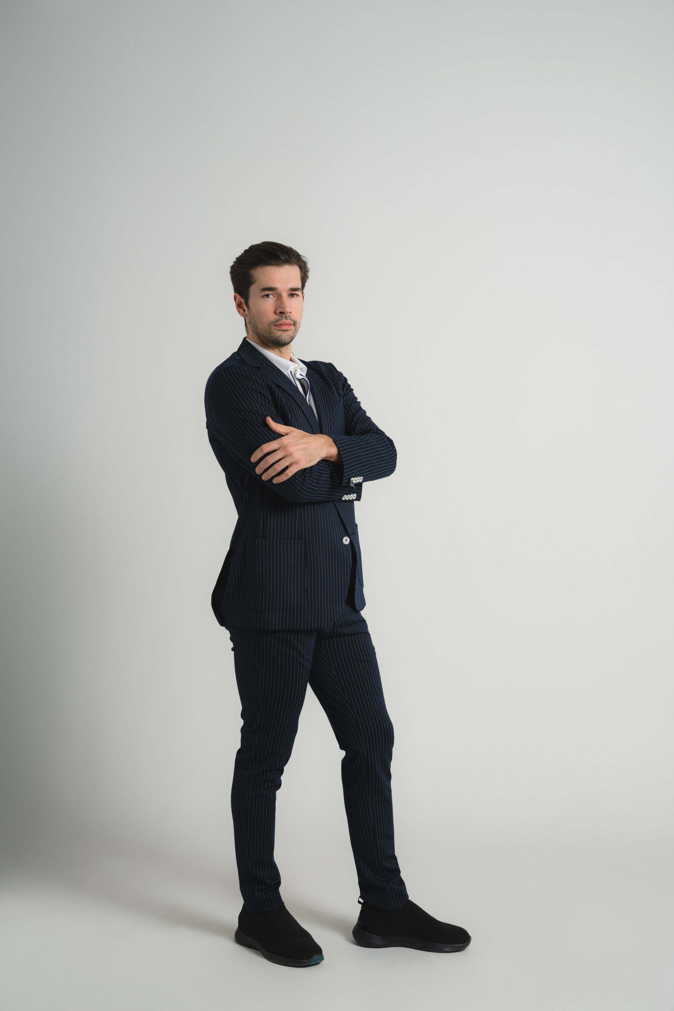 Navy Jersey Knit Stripe Suit