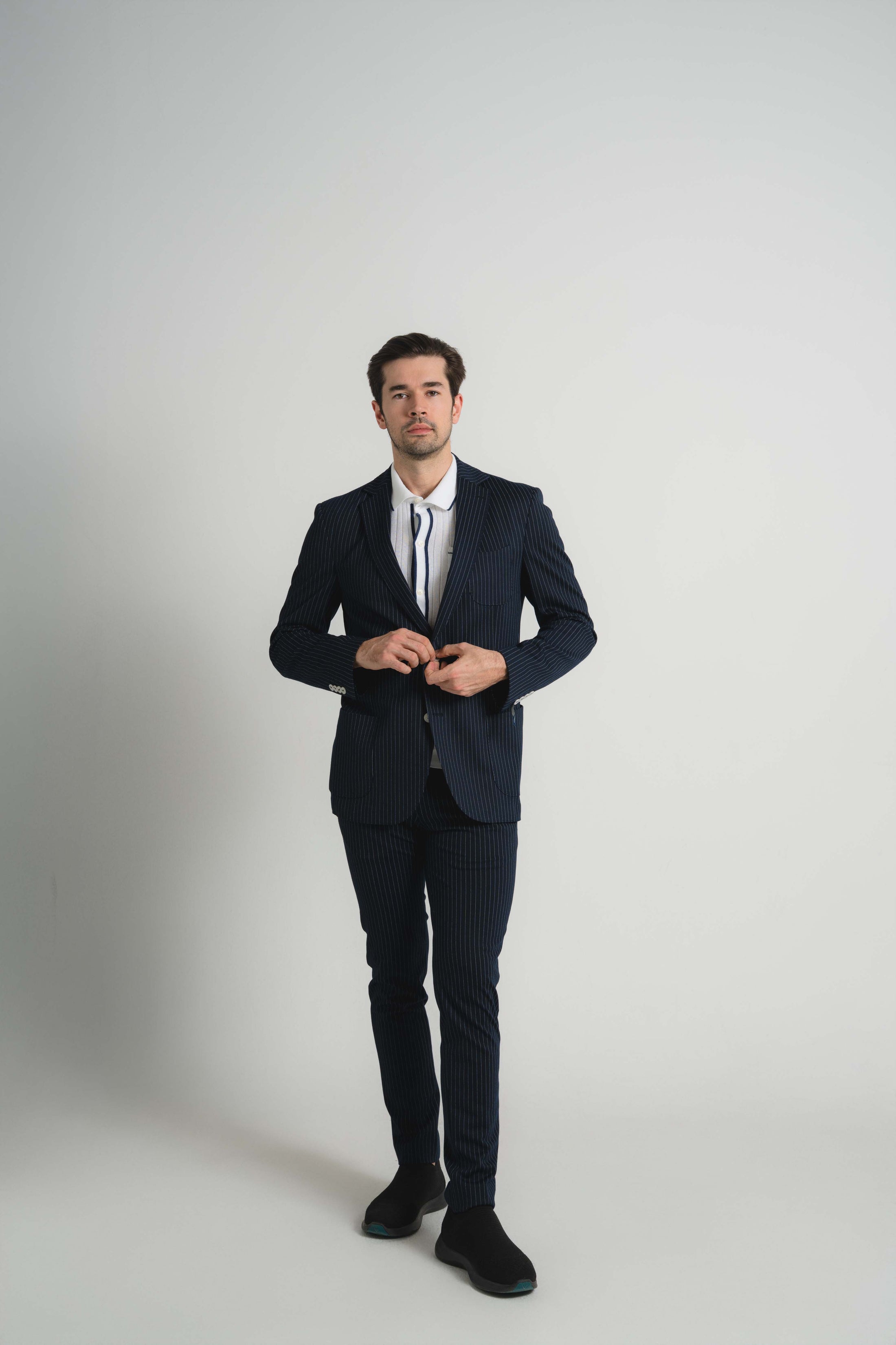 Navy Jersey Knit Stripe Suit