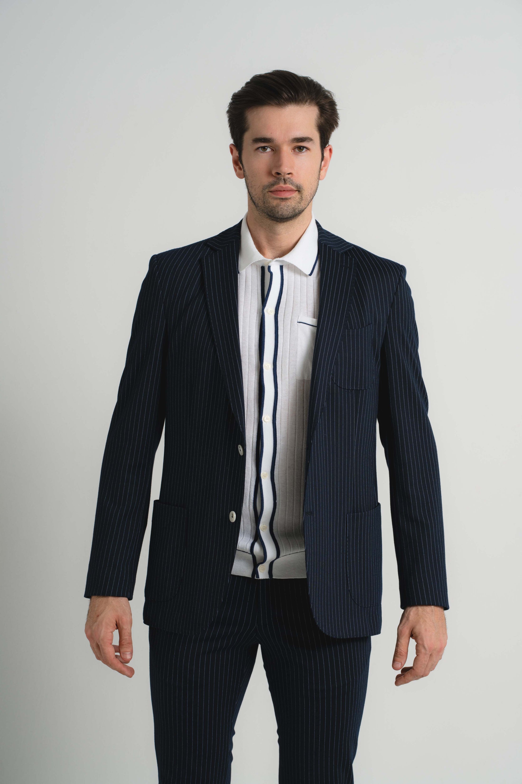 Navy Jersey Knit Stripe Suit