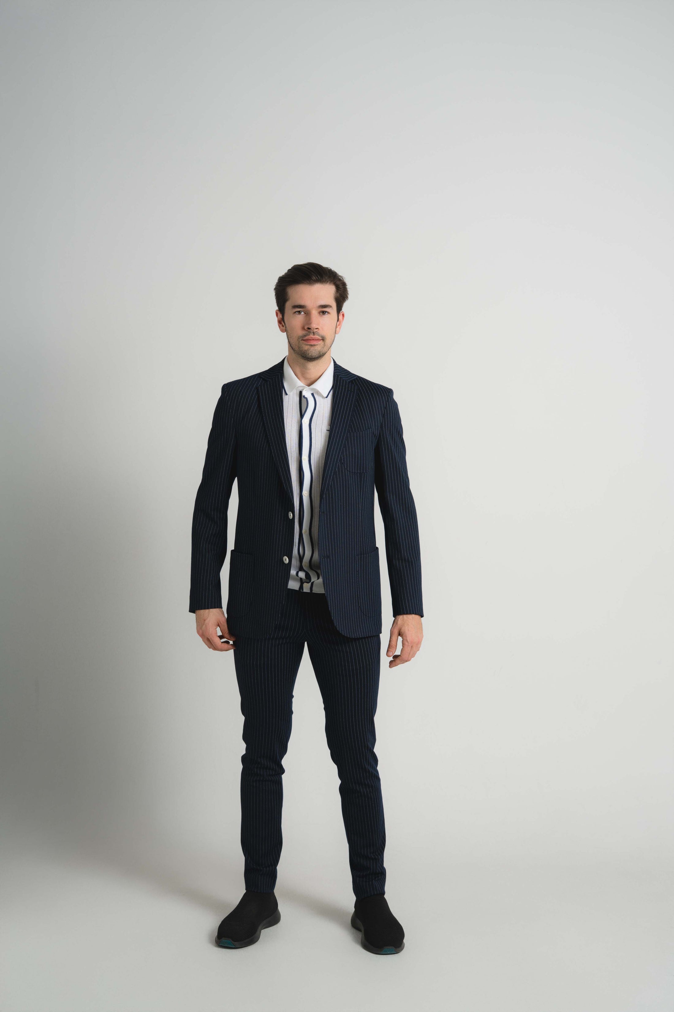 Navy Jersey Knit Stripe Suit