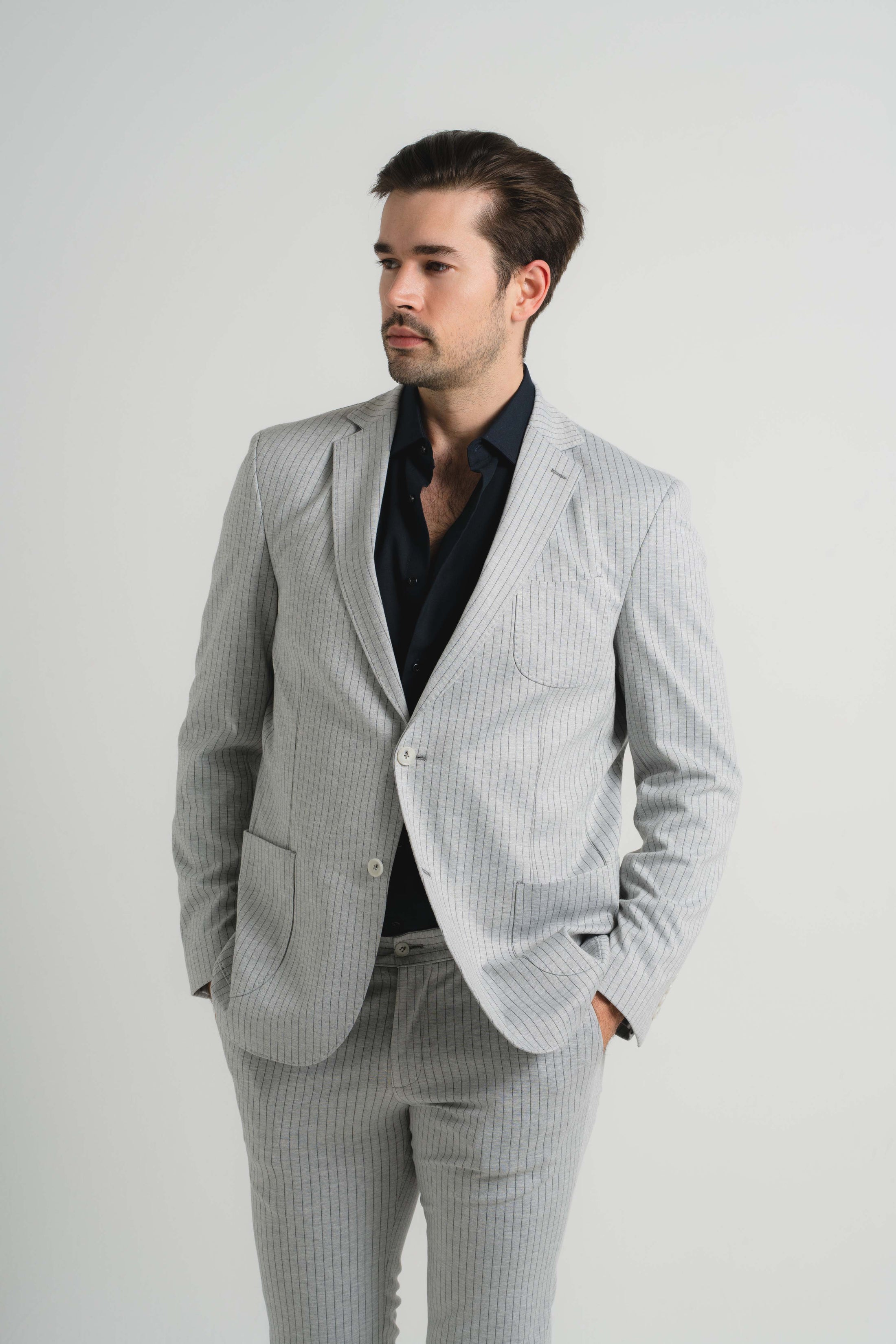 Grey Jersey Knit Stripe Suit