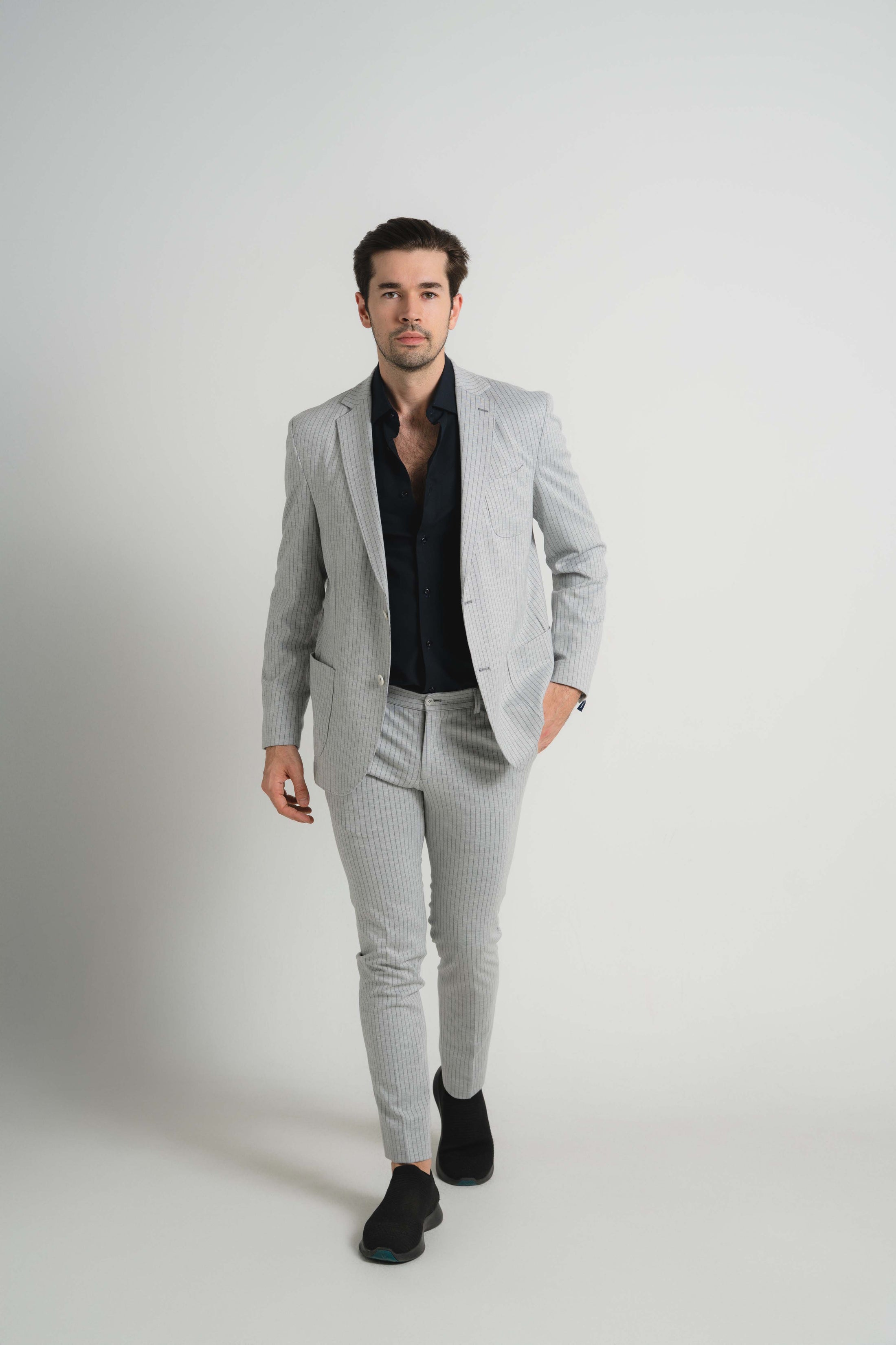Grey Jersey Knit Stripe Suit