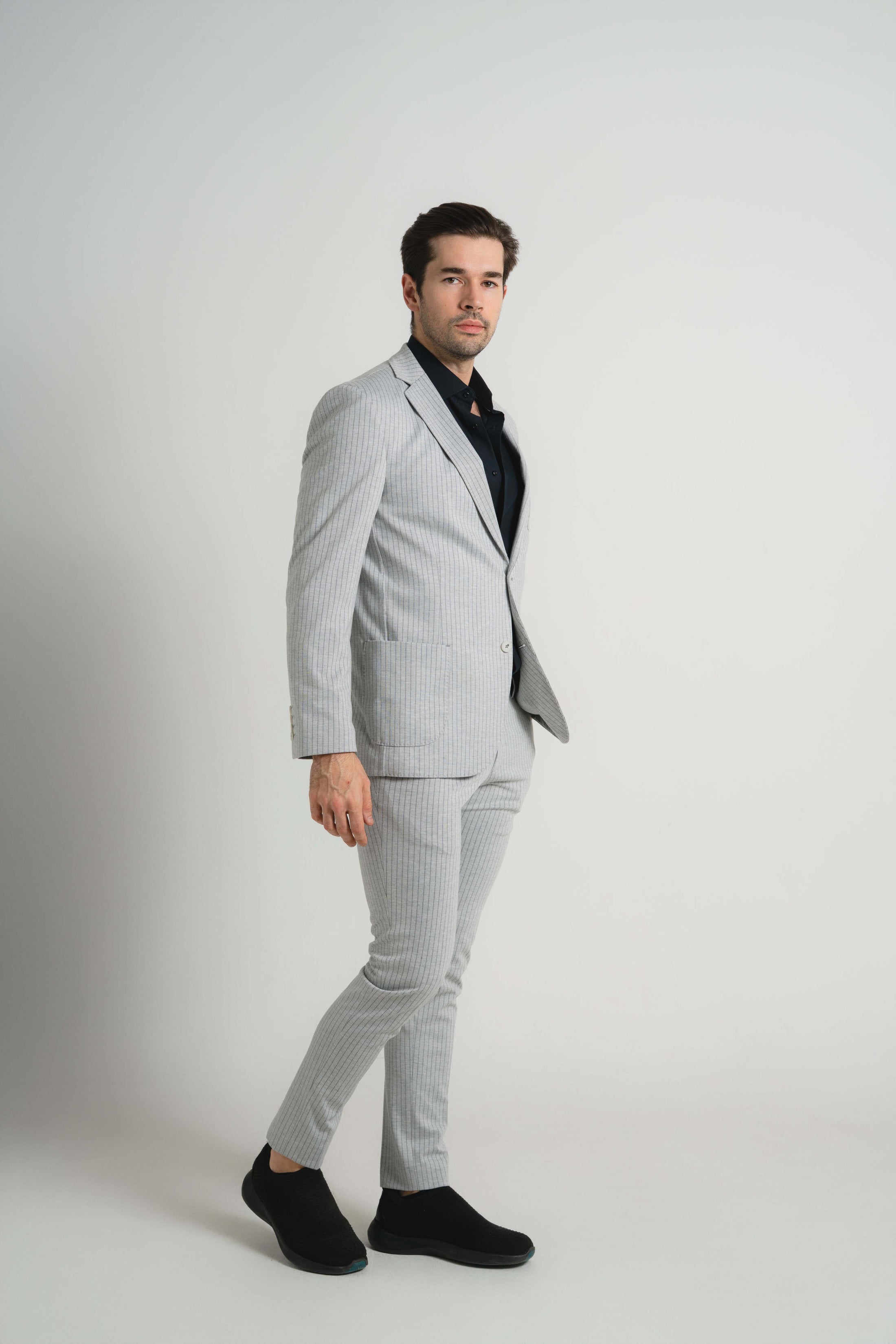 Grey Jersey Knit Stripe Suit