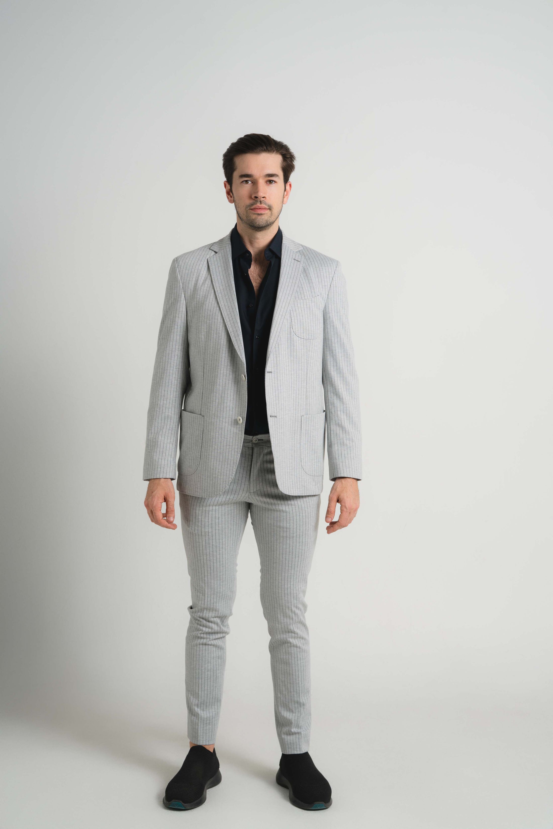 Grey Jersey Knit Stripe Suit