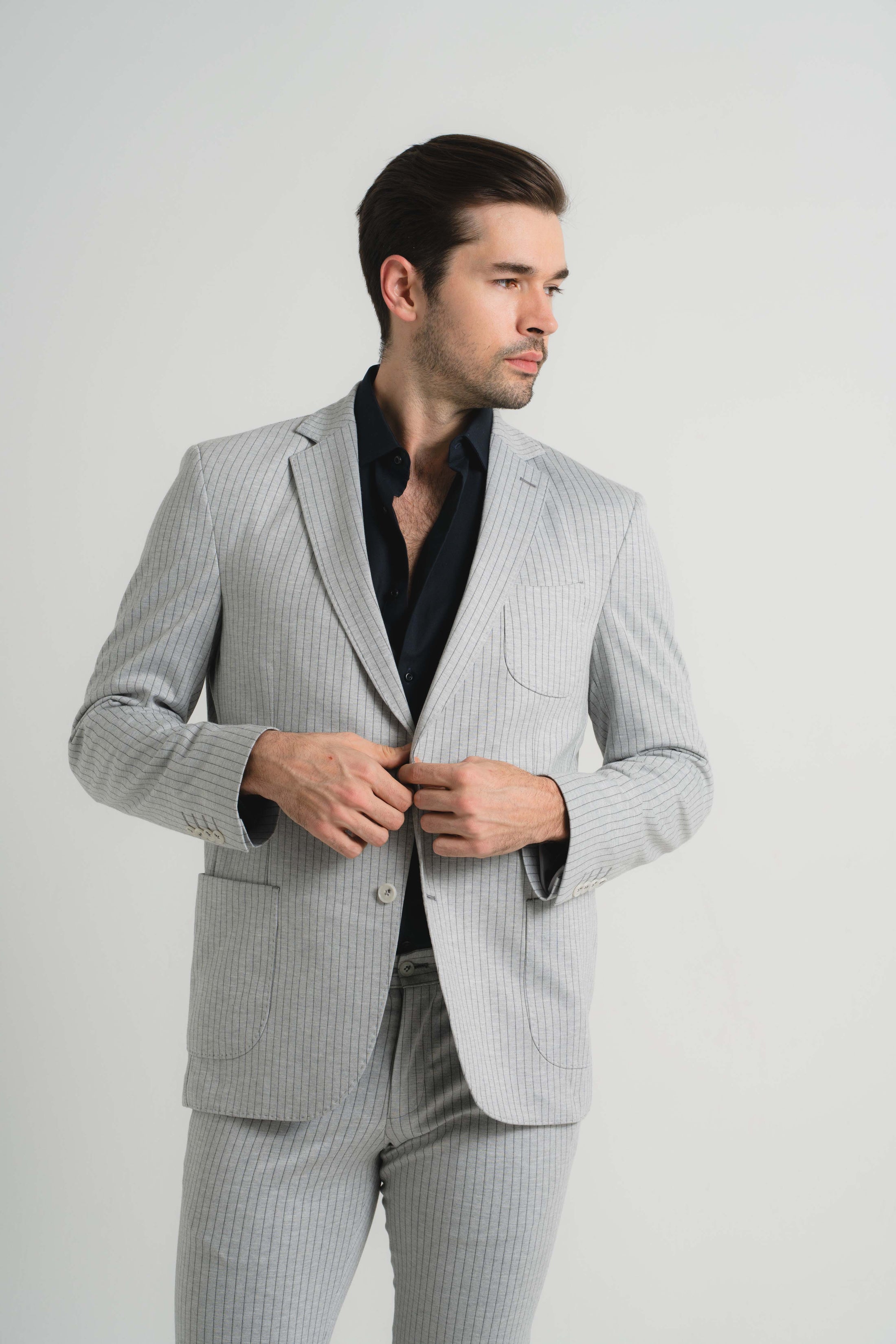 Grey Jersey Knit Stripe Suit
