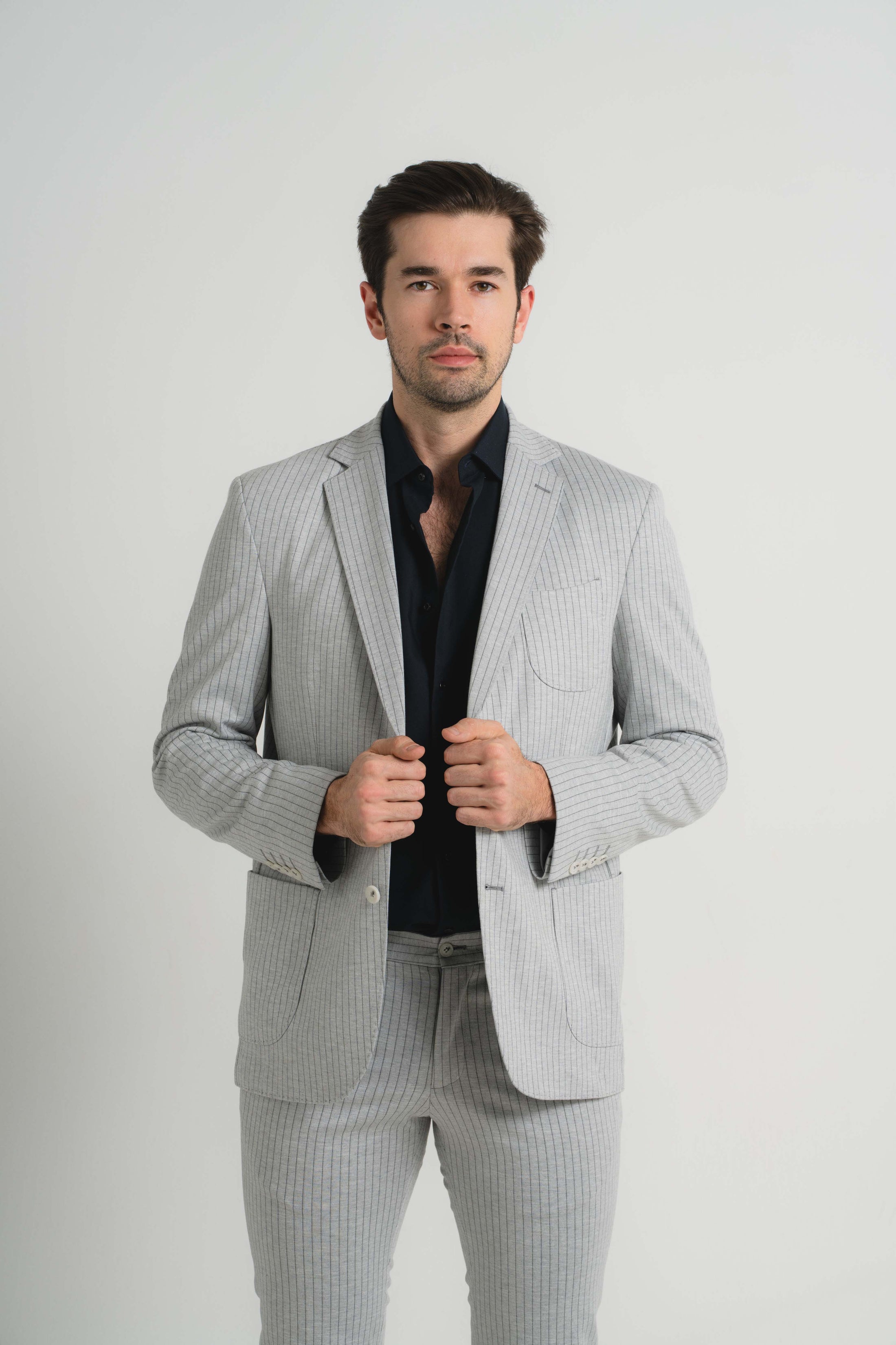 Grey Jersey Knit Stripe Suit