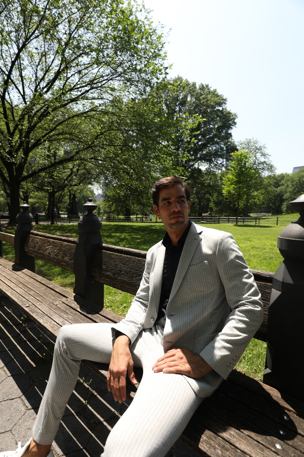 Grey Jersey Knit Stripe Suit