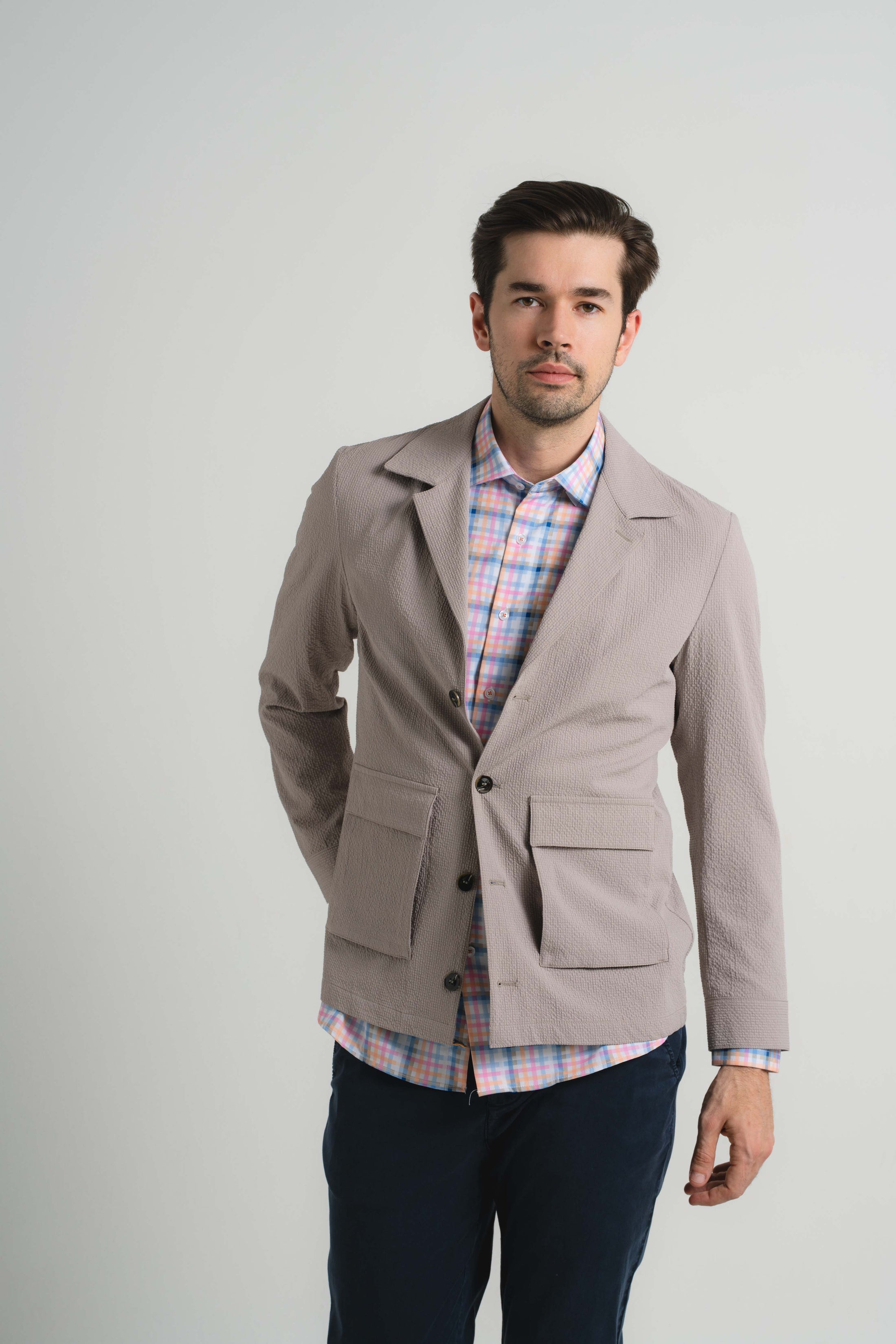 Stone Seersucker Stretch Coat