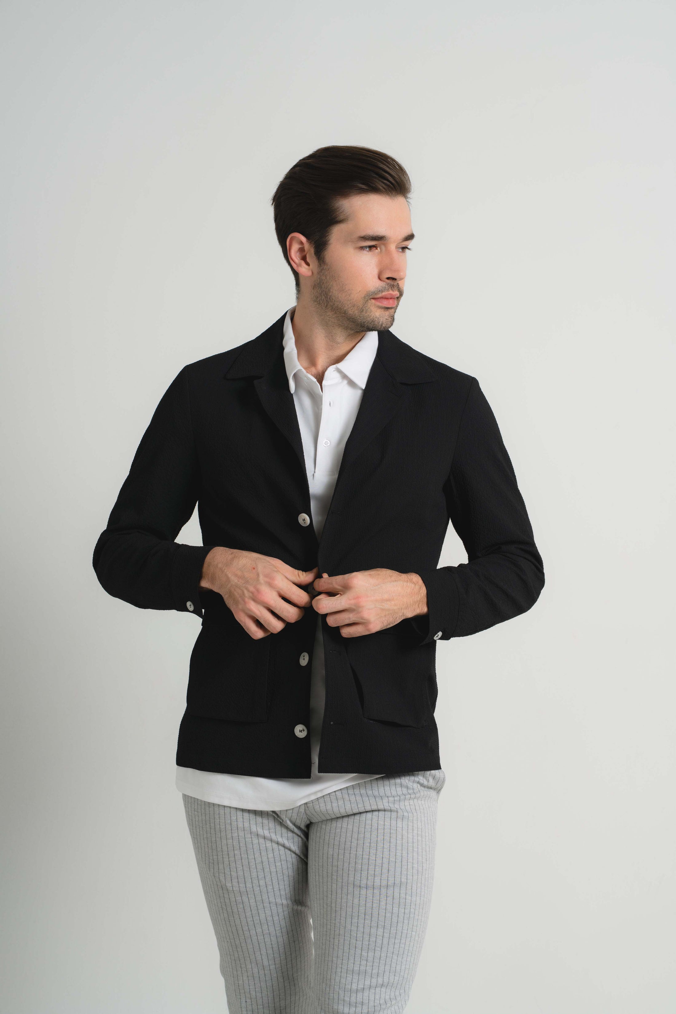 Black Seersucker Stretch Coat