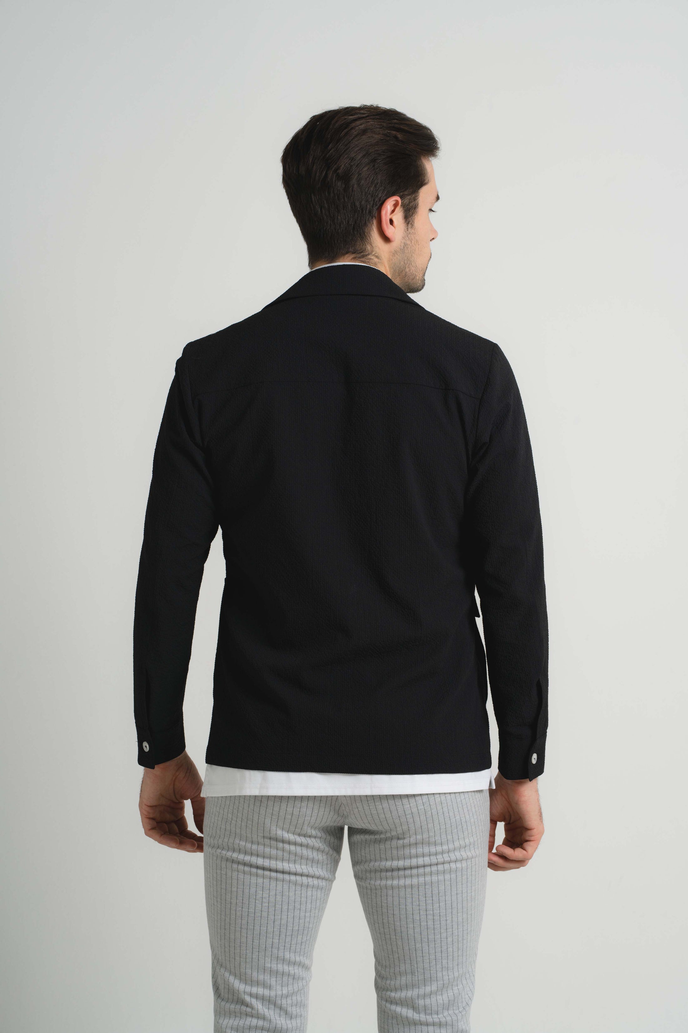 Black Seersucker Stretch Coat