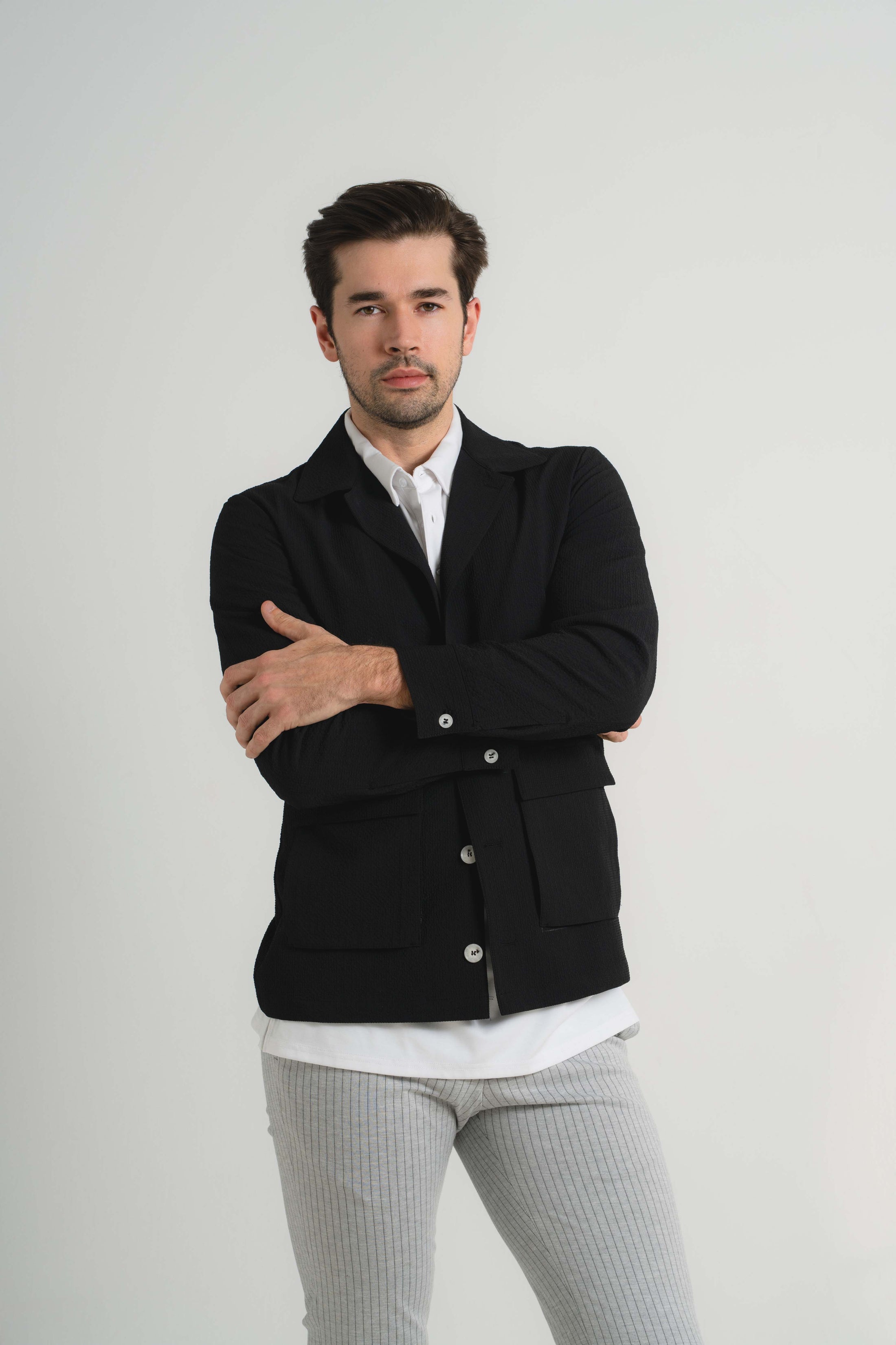 Black Seersucker Stretch Coat