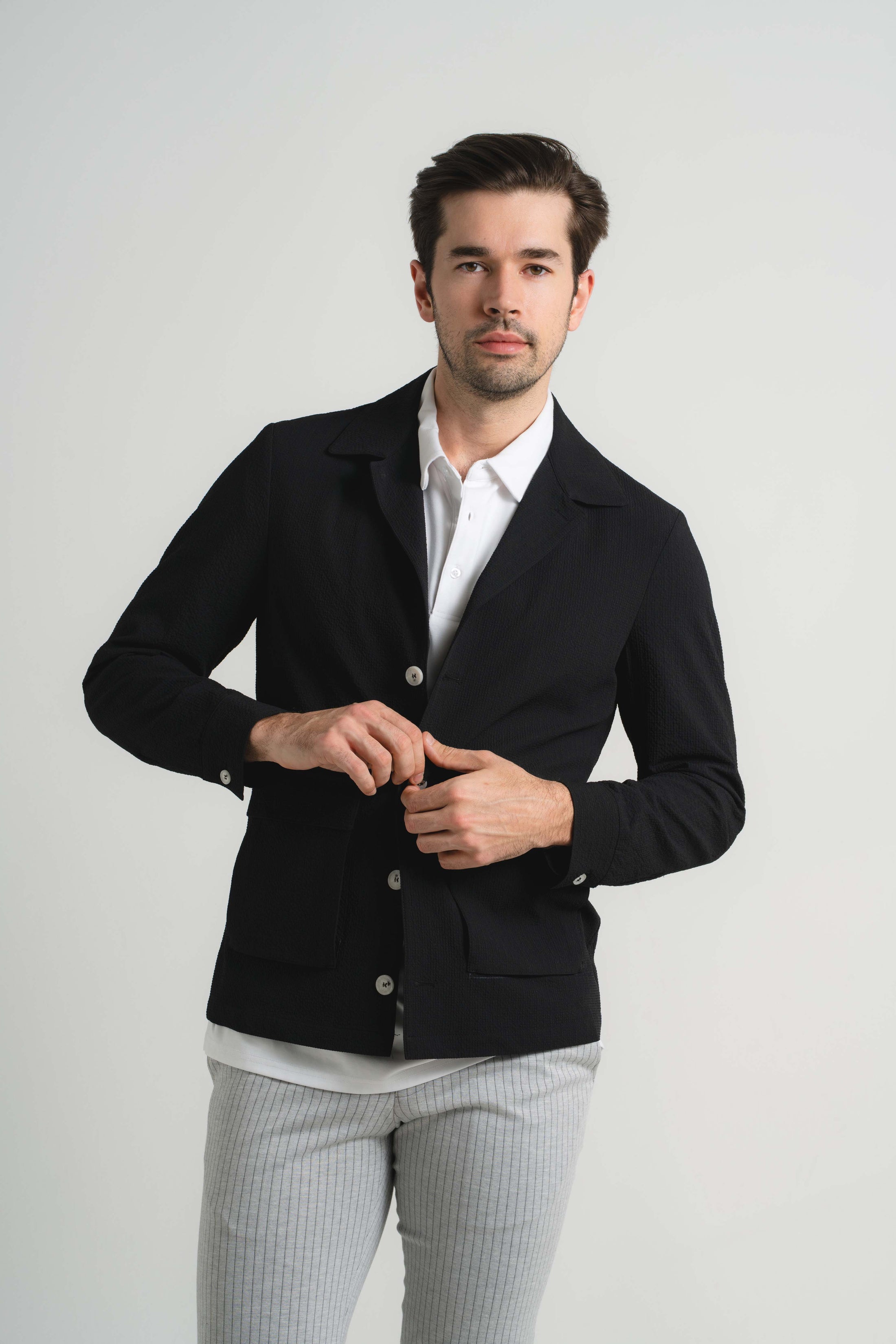 Black Seersucker Stretch Coat