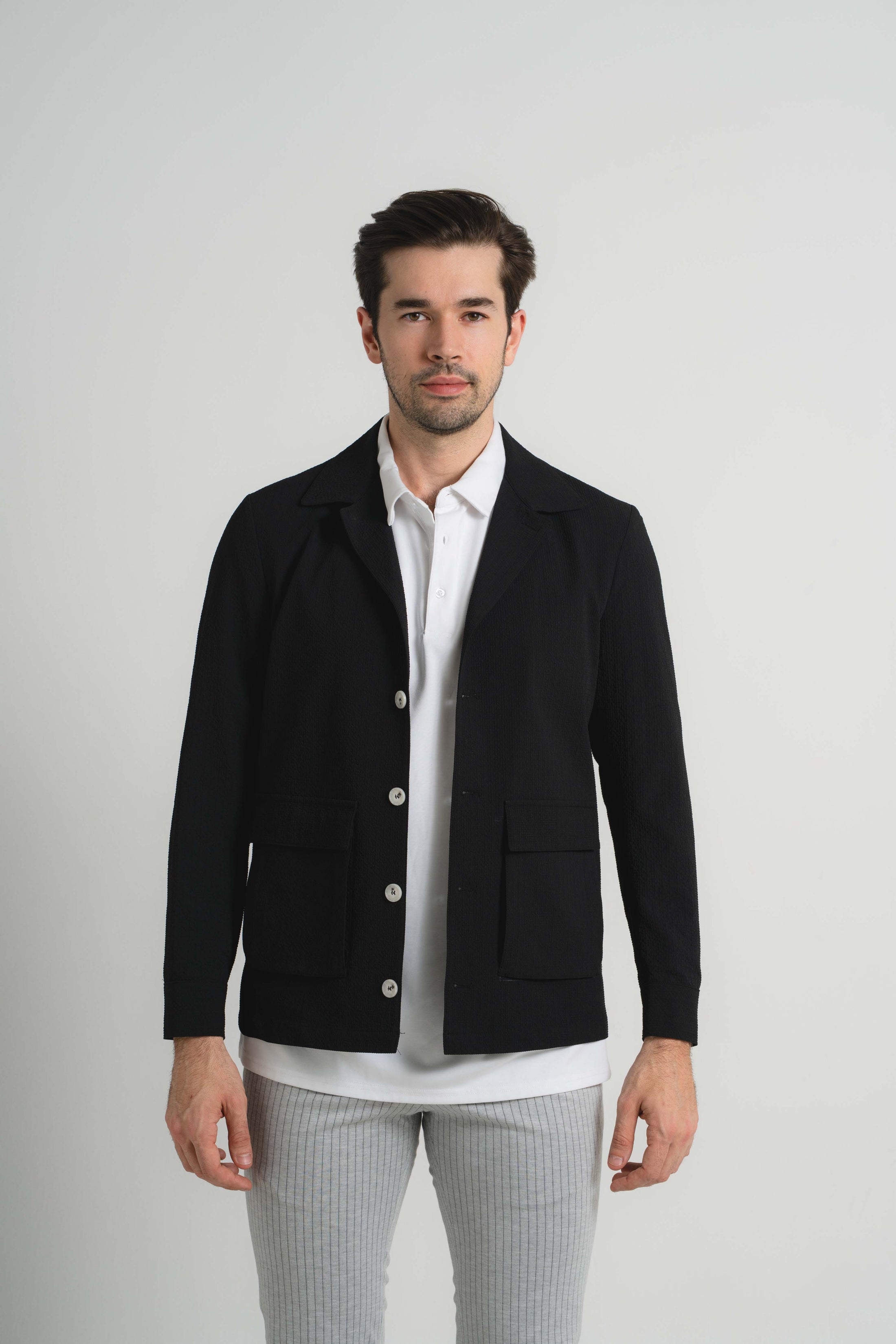 Black Seersucker Stretch Coat