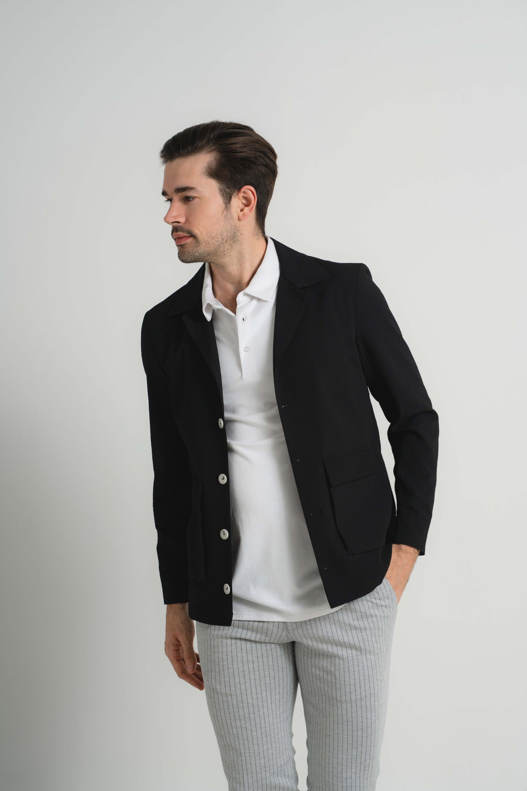Black Seersucker Stretch Coat