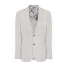 Light gray suit jacket with floral shirt on a white background