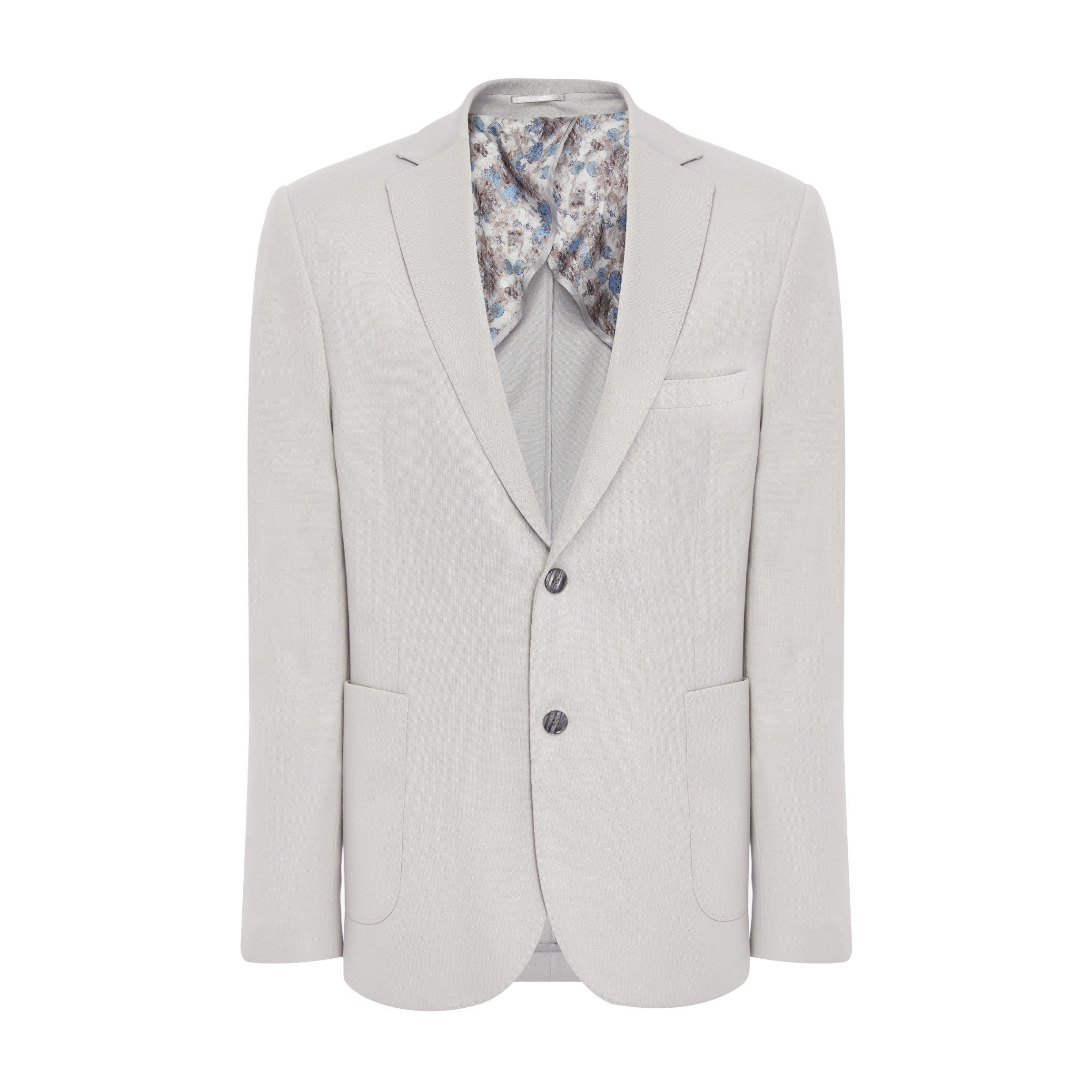 Light gray suit jacket with floral shirt on a white background