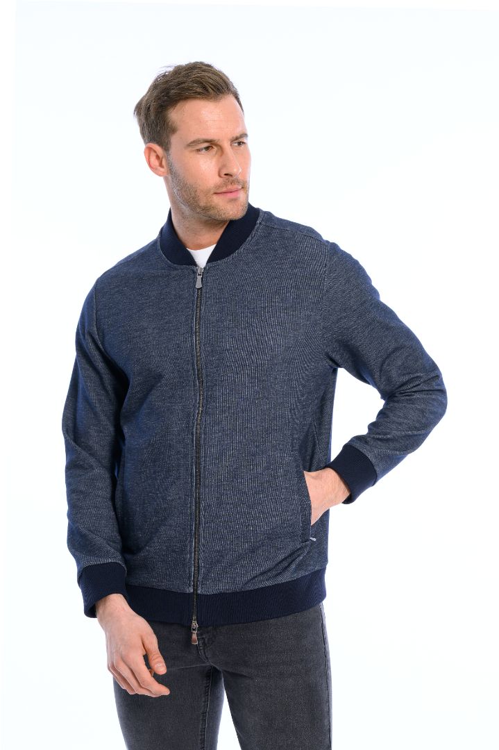 Man wearing a blue jacket on a white background