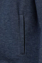 Close-up of a dark blue fabric with a pocket detail