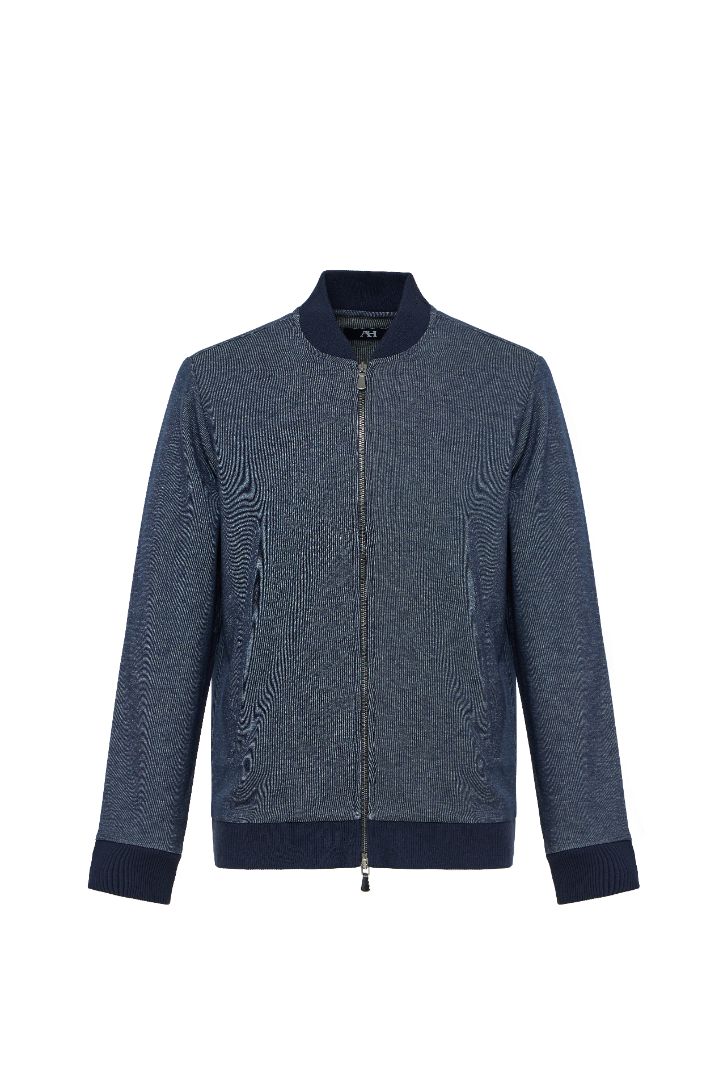 Blue textured bomber jacket on a white background