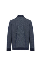 Back view of a blue patterned sweater on a white background