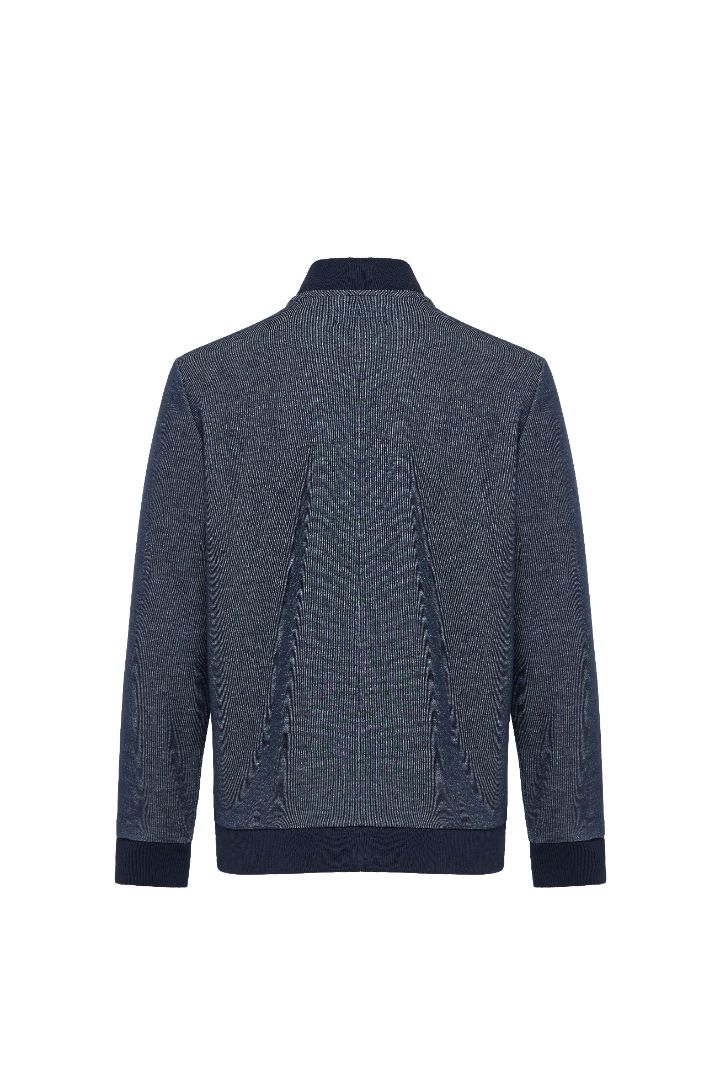 Back view of a blue patterned sweater on a white background