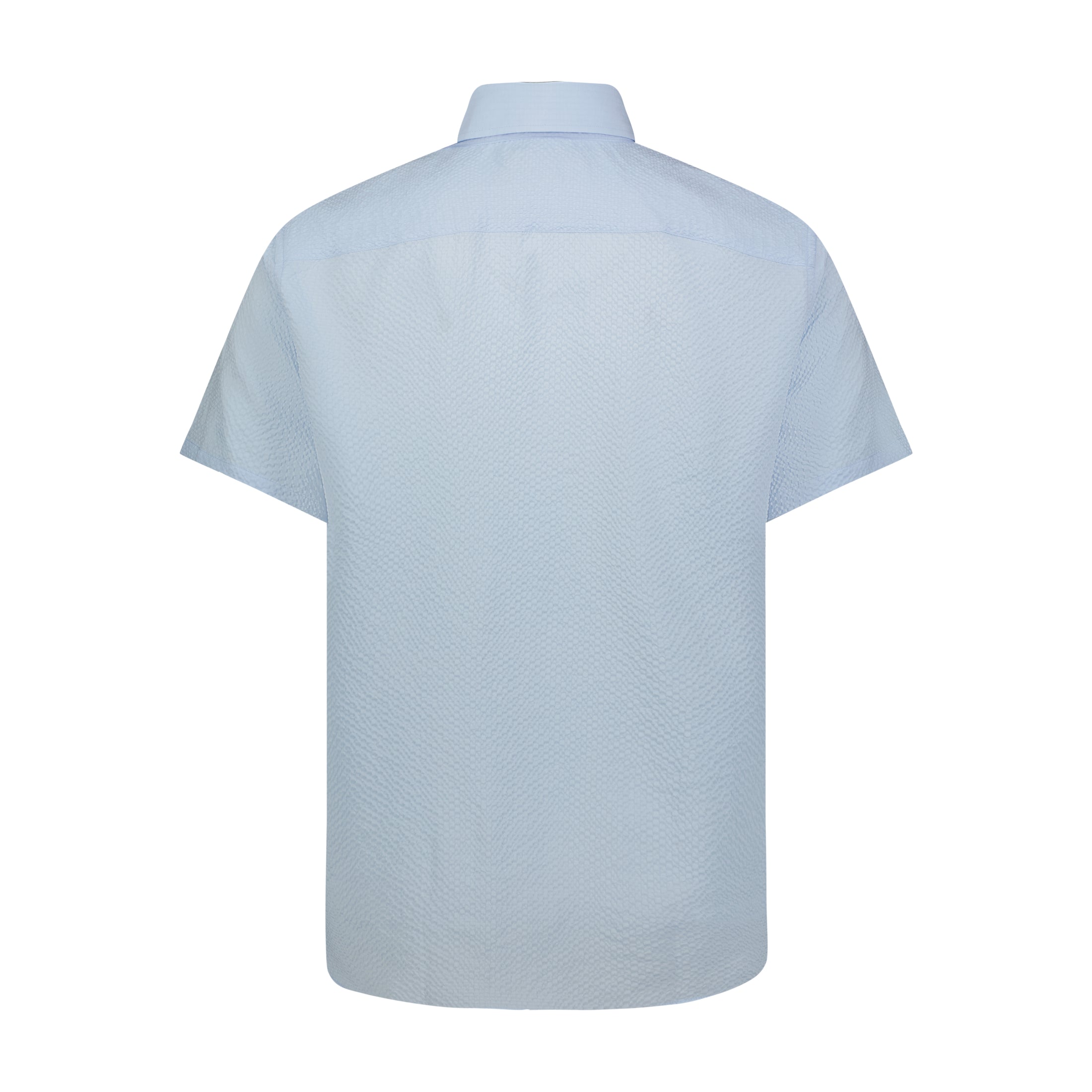 Sky Blue Seer Sucker Stretch Button Down Short Sleeve Shirt