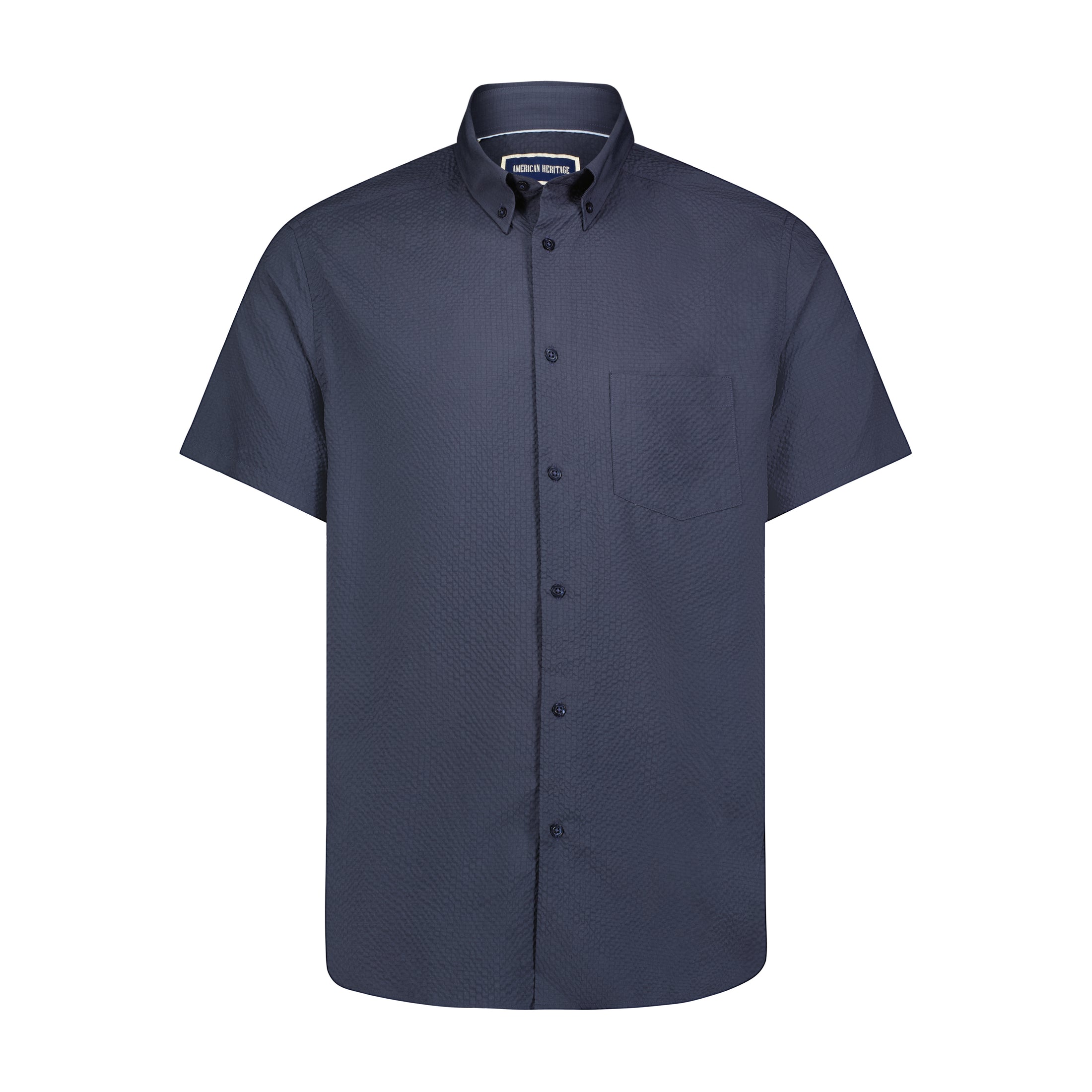 Navy Seer Sucker Stretch Button Down Short Sleeve Shirt