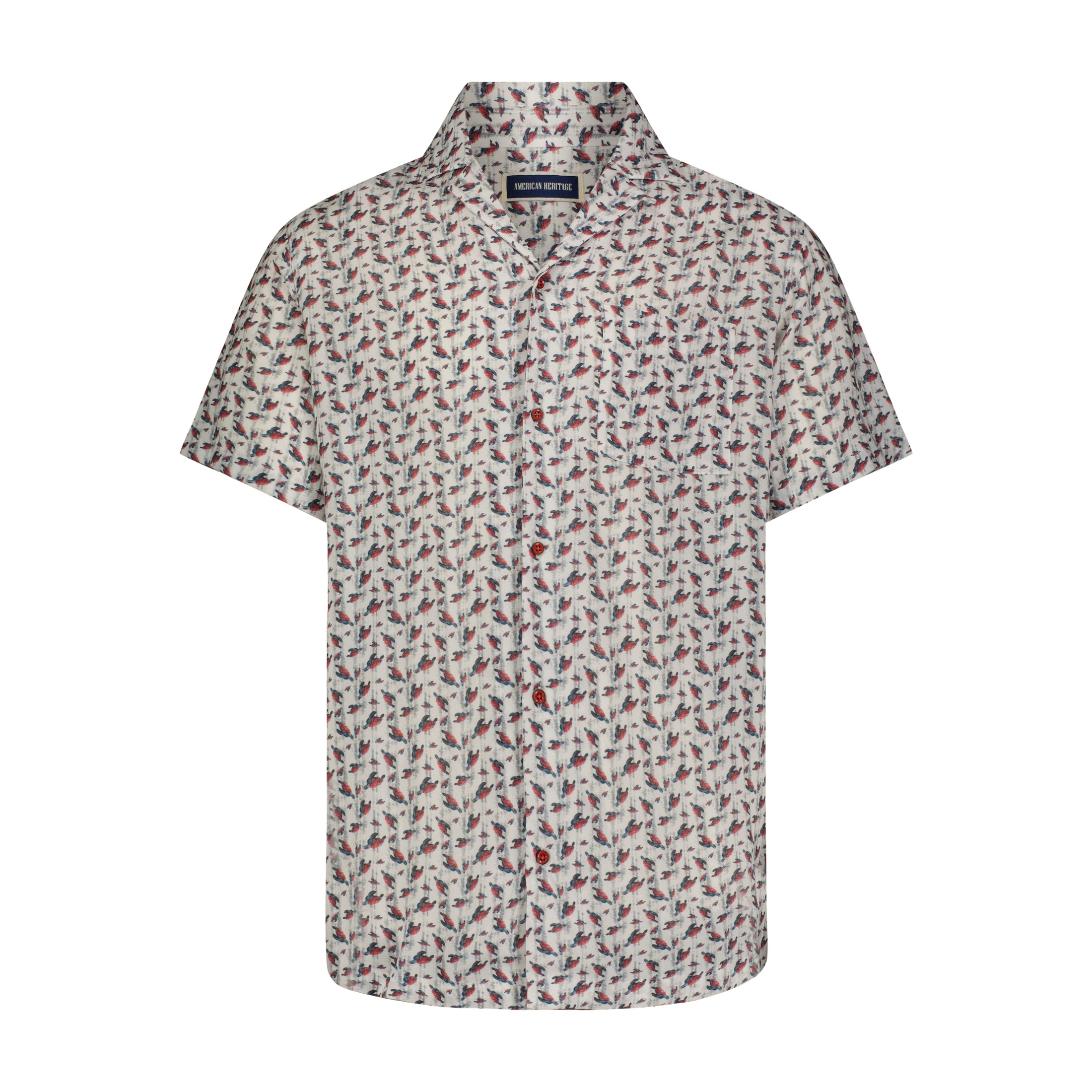 Red Turtles Print in Camp Collar Model Short Sleeve Shirt