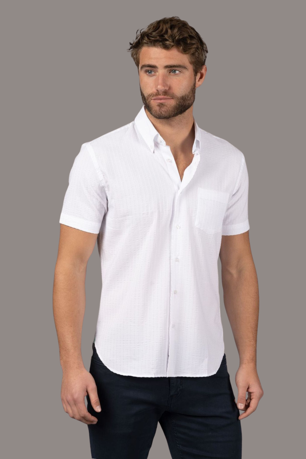 White with Seer Sucker Stripe Shirt
