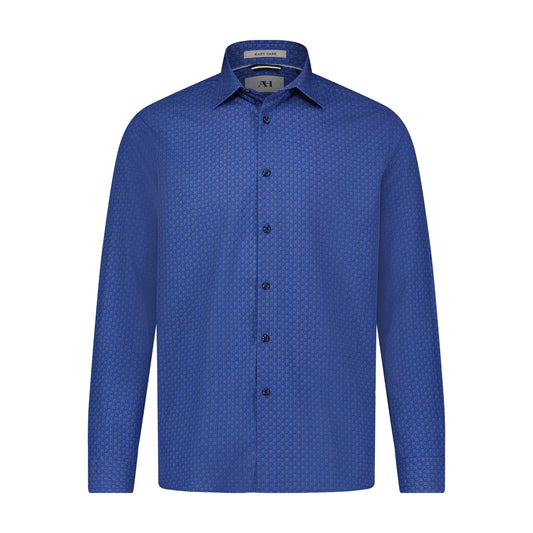 White Navy Blue Indigo Check Hidden Button Down Long Sleeve Shirt