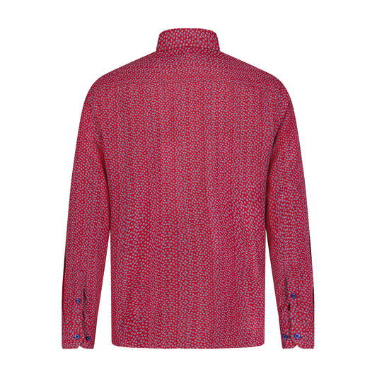 Red with Indigo Dot Print Hidden Button Down Long Sleeve Shirt