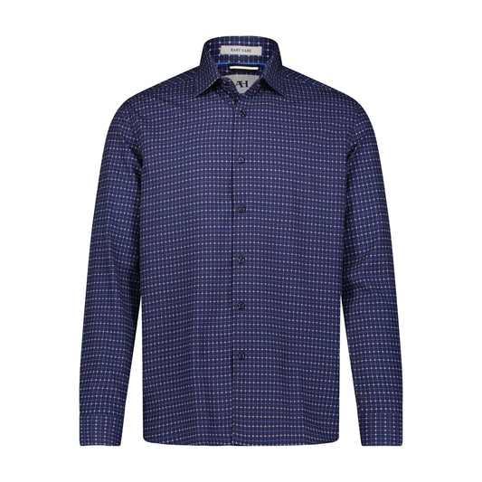 Navy Blue Check Hidden Button Down Long Sleeve Shirt