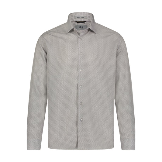 Grey Silver White Geo Print Hidden Button Down Long Sleeve Shirt