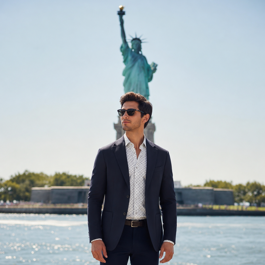 Man in a suit standing in front of the Statue of Liberty