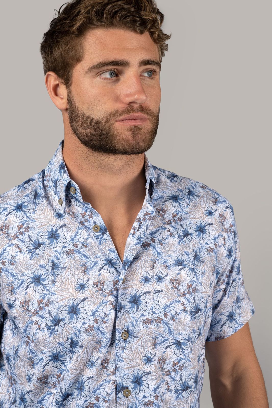 White with Blue & Brown Floral Shirt